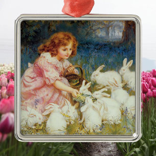 Ornement En Métal Fille nourrissant des lapins