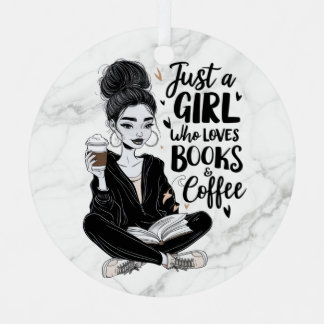 Ornement En Métal Fille qui aime Livres & Café Custom Black & White
