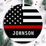 Ornement En Métal Firefighter Personalized Modern Thin Red Line<br><div class="desc">Personalized Thin Red Line Ornament - American flag in Firefighter Flag colors, modern black red design . Personalize with firefighter name, or fire department. This personalized firefighter ornament is perfect for fire departments, fire service, or as a memorial keepsake and fire department Christmas gifts o\r stocking stuffers. Order these firefighter...</div>