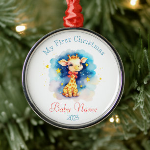 Ornement En Métal First Christmas Custom Name Cute Giraffe Keepsaké