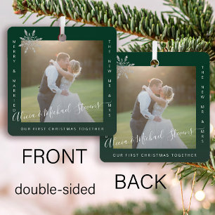 Ornement En Métal First Christmas Mr and Mrs 2 photos couple green