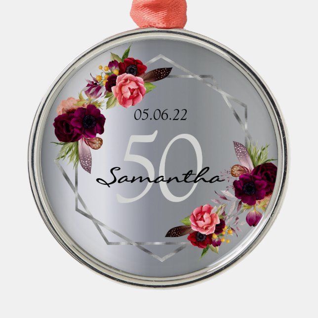 Ornement En Métal Fleurs d'argent d'anniversaire géométrique bordeau (Devant)