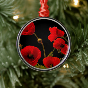 Ornement En Métal Fleurs de pavot Rouge Noir Aquarelle Florale Migno