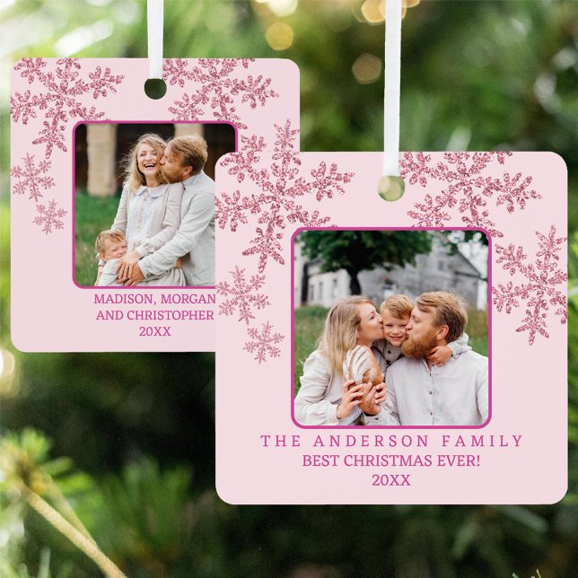 Ornement En Métal Flocon de neige rose Glam Élégant 2 Photo Noël (Custom double sided 2 photo ornament so you can display two separate pictures on your Christmas tree)