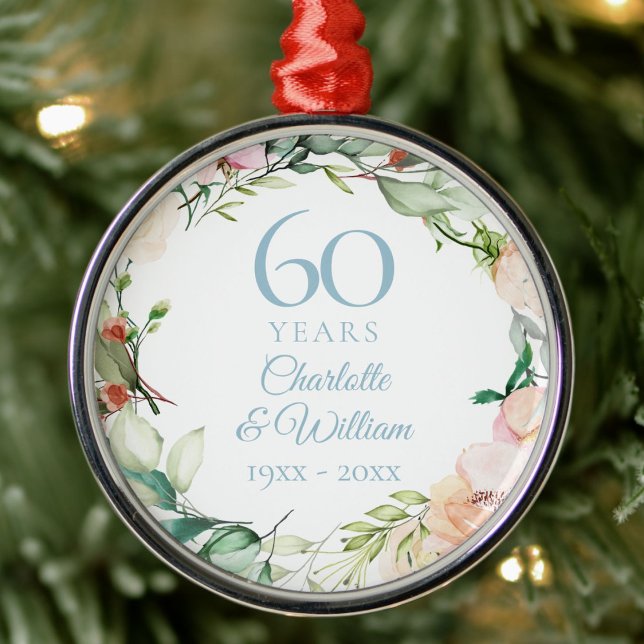Ornement En Métal Floral Garland rose 60e anniversaire du Mariage (Roses Floral Garland 60th Wedding Anniversary Metal Ornament)