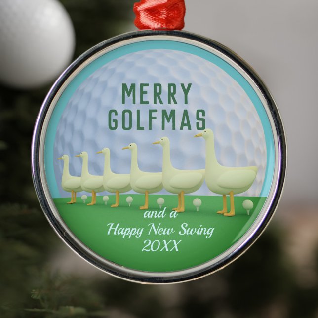 Ornement En Métal Funny Golf Merry Golfmas Golfmas Personnalisé (Merry Golfmas and a Happy New Swing! 6 Geese a laying golf balls!)