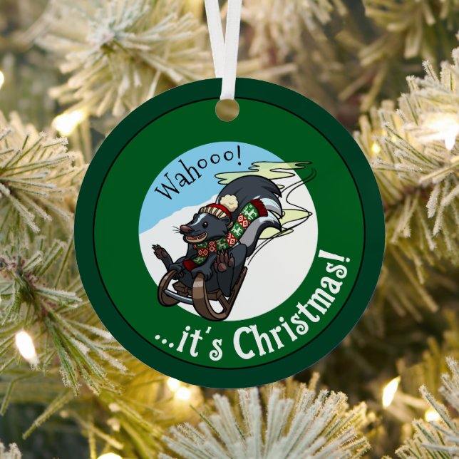 Ornement En Métal Funny Skunk On A Sled It's Christmas! Cartoon (Insitu)