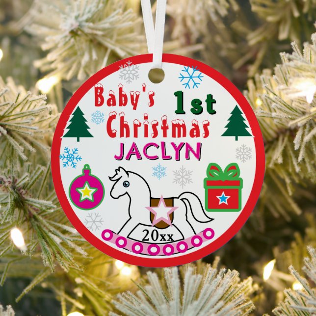 Ornement En Métal Girl First Christmas Peace White Rocking Horse (Insitu)