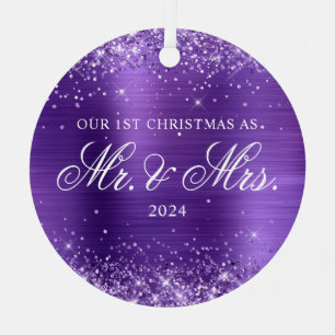 Ornement En Métal Glittery Amethyst Foil Notre 1ère photo de Noël
