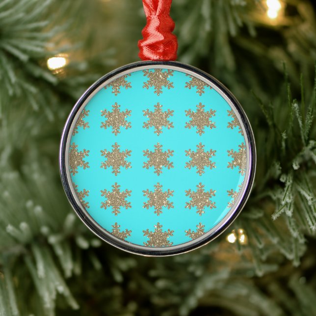 Ornement En Métal Glittery Gold Snowflakes Motif Turquoise Bleu (Arbre)