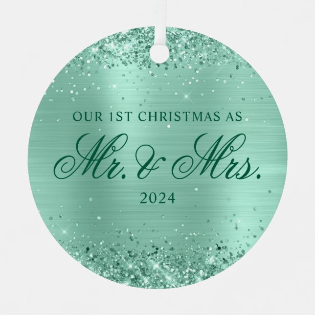 Ornement En Métal Glittery Light Turquoise Foil Notre 1ère photo de  (Recto)