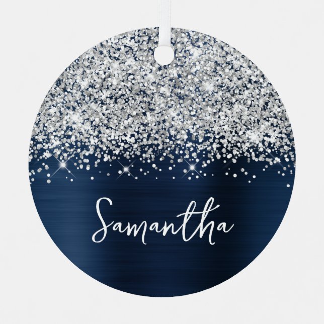 Ornement En Métal Glittery Silver Navy Blue Glam Nom (Recto)