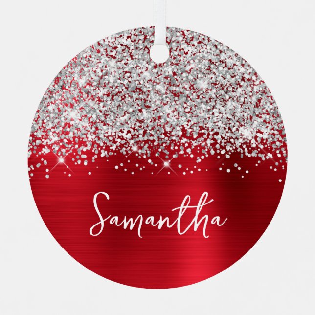 Ornement En Métal Glittery Silver Red Glam Nom (Recto)