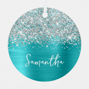 Ornement En Métal Glittery Silver Turquoise Blue Glam Nom