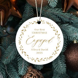 Ornement En Métal Gold Botanical Our First Christmas Engaged