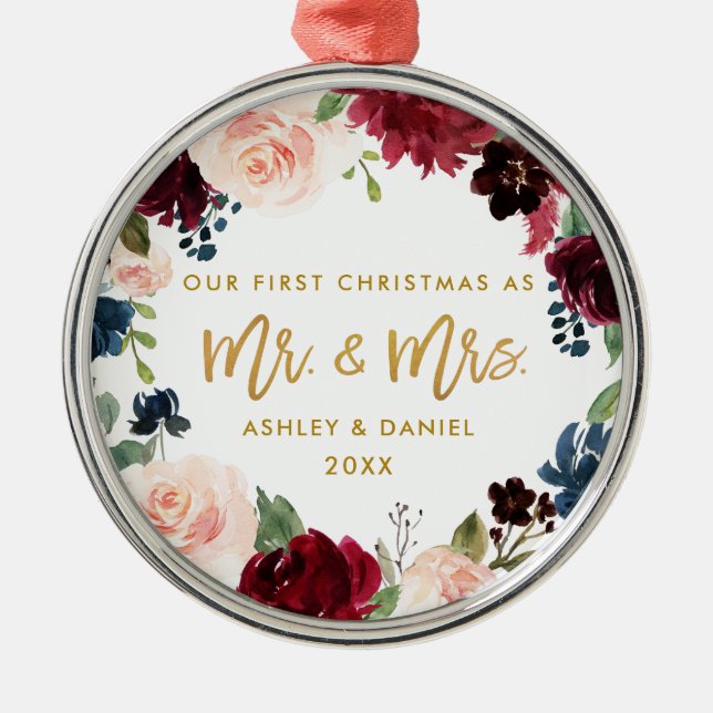 Ornement En Métal Gold Script Aquarelle Floral Premier Noël (Devant)