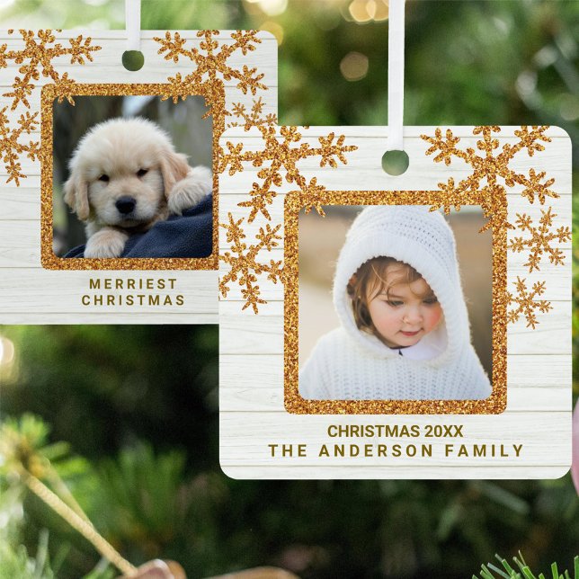 Ornement En Métal Gold Snowflake 2 Photo Chic double face (Créateur téléchargé)
