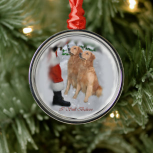 Ornement En Métal Golden Retriever avec Père Noël Christmas