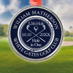 Ornement En Métal Golf Hole in One Navy Blue Personalized<br><div class="desc">Personalize the name,  location hole number and date to create a great golf keepsake to celebrate that fantastic hole in one. Designed by Thisisnotme©</div>