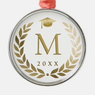 Ornement En Métal Graduation Gold Laurel Wreath Monogrammed Initial