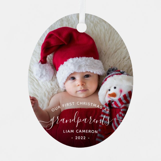 Ornement En Métal Grand-parents First Christmas Photo White Script (Recto)