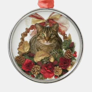 Ornement En Métal Gros chat dans le panier de Noël