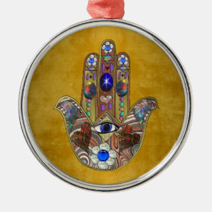 Ornement En Métal Hamsa Hearts Flowers Opal Art on Gold