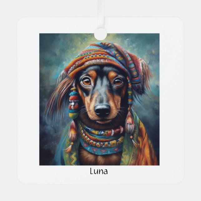 Ornement En Métal Happy Hippie Dachshund personnalisable (Recto)