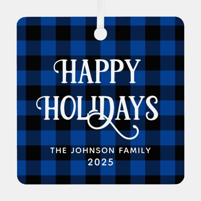 Ornement En Métal Happy Holidays Blue Buffalo Plaid Family Photo (Recto)