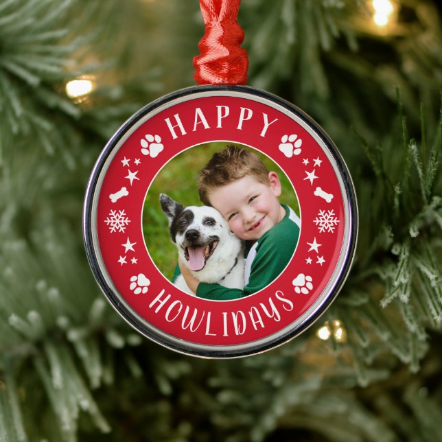 Ornement En Métal Happy Howlidays Red Custom Chig Photo (Arbre)