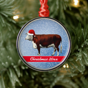 Ornement En Métal Hereford Cow et Santa Hat