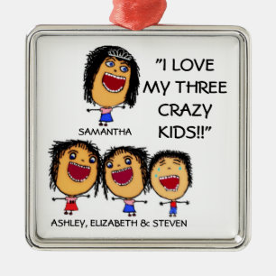Ornement En Métal I Love My Three Crazy Kids Cartoon Christmas Ornam