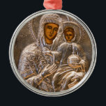 Ornement En Métal Icône orthodoxe<br><div class="desc">Jésus-Christ et sa mère Mary sur la vieille icône russe. Regard argenté. Photographie.</div>