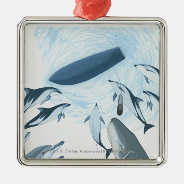 Ornement En Métal Illustration des dauphins regardant un bateau (Devant)