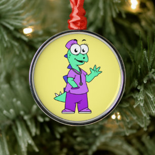 Ornement En Métal Illustration D'Une Infirmière Stegosaurus.