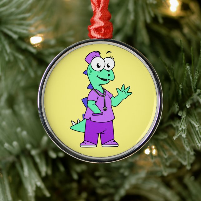 Ornement En Métal Illustration D'Une Infirmière Stegosaurus. (Arbre)