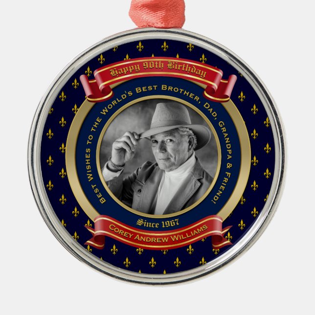 Ornement En Métal Jalon Anniversaire Gold Photo 90th Ninety Blue Red (Devant)