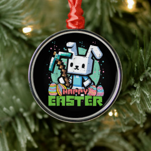 Ornement En Métal Jeu de pixels de lapin de Pâques heureux 