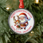 Ornement En Métal Joli Père Noël et Reindeer Noël personnalisé<br><div class="desc">Ajoutez un nom à ce joli ornement de Noël de Père Noël et rennes.</div>