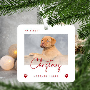 Ornement En Métal Jolie photo de chiot Noël 1er Paw Prints Rouge