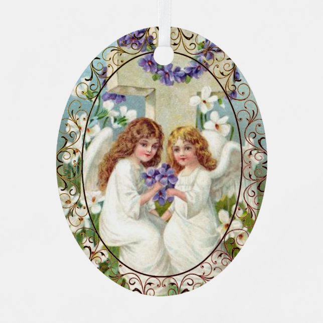 Ornement En Métal Jolis Anges Avec Croix Et Fleurs  (Recto)