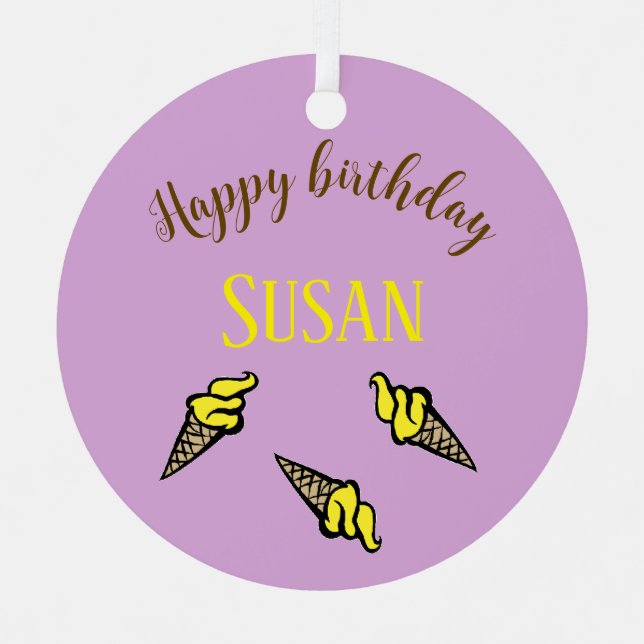 Ornement En Métal Joyeuse crème glacée jaune d'anniversaire sur viol (Recto)