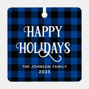 Ornement En Métal Joyeuses Fêtes Blue Buffalo Plaid Photo de Famille
