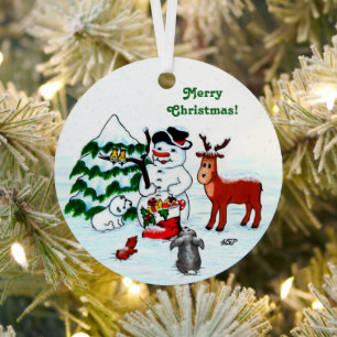 Ornement En Métal Joyeux Noël ! Bonhomme de neige avec des amis