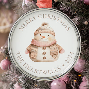 Ornement En Métal Joyeux Noël bonhomme de neige rose personnalisé 20
