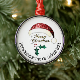 Ornement En Métal Joyeux Noël Chapeau de Père Noël Paillettes Texte