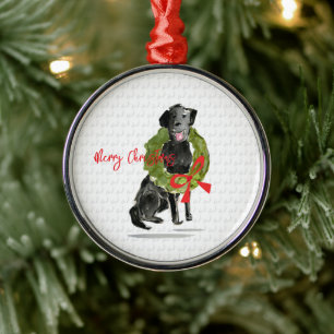 Ornement En Métal Joyeux Noël Couronne de chien Lab noir avec houx A