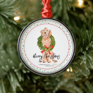 Ornement En Métal Joyeux Noël Couronne de chien Retriever doré avec