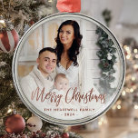 Ornement En Métal Joyeux Noël Famille Photo Rose Gold Script<br><div class="desc">Faites passer des vacances à des amis et à la famille avec ce ornement de gardien moderne. Le texte en fausse feuille d'or rose dit "Joyeux Noël" dans un élégant script d'écriture manuscrite. Remplacez l'exemple d'image par votre photo préférée, et ajoutez votre nom de famille et l'année. Un filtre en...</div>