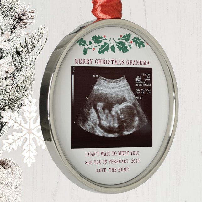 Ornement En Métal Joyeux Noël grand-mère Faire-part de grossesse (Grandma Keepsake Christmas Sonogram Baby Announcement Metal Ornament)